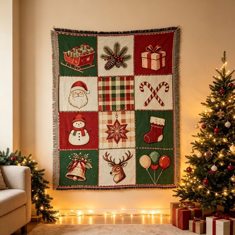 Christmas Throw Blanket - Tapiz Navideño de Jacquard con Borlas,